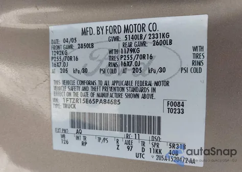 2005 Ford Ranger Edge/Xl/Xlt from USA, damaged, VIN 1FTZR15E65PA84685